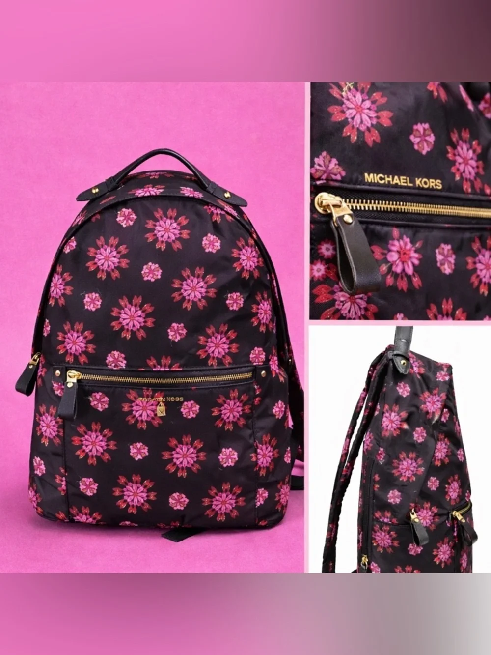 Michael Kors Black Backpack with Pink & Red Floral Dot Print